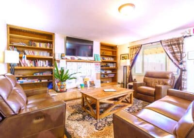 A cozy living room with brown leather sofas and a wooden coffee table. Bookshelves line the back wall, featuring a variety of books. A TV is mounted above a fireplace, and a large indoor plant sits nearby. Natural light enters through a window with plaid curtains.